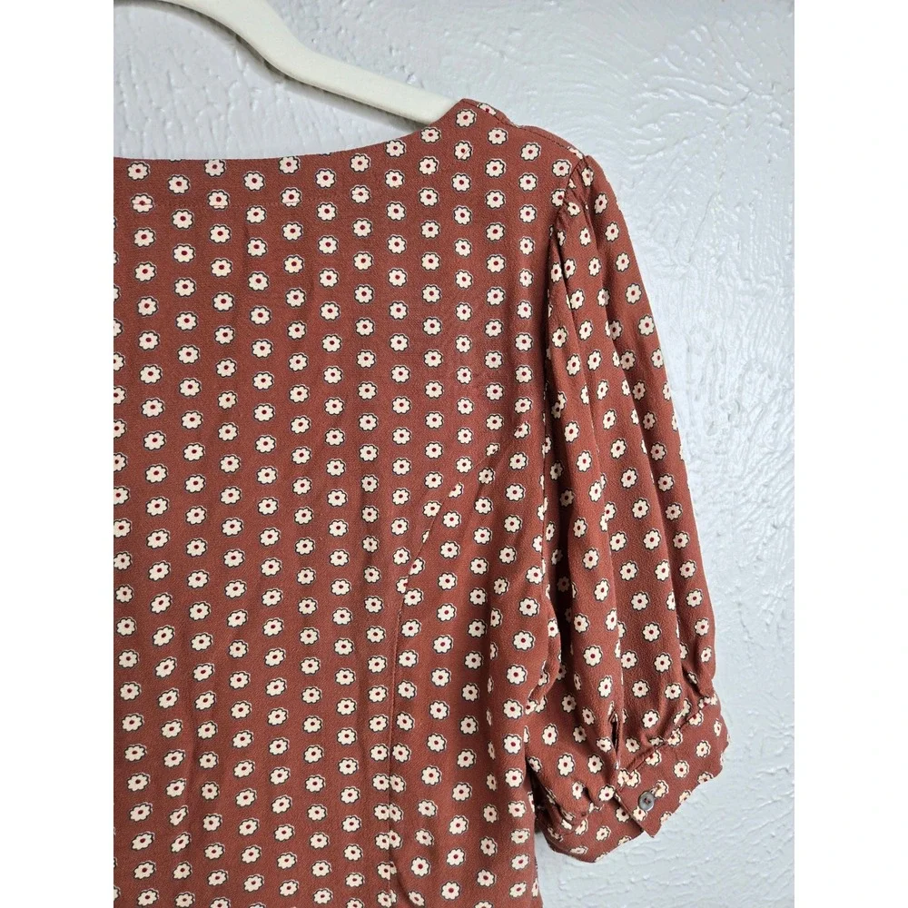 Free People Floral Button Front Blouse Small Brown Short Sleeve Boho Cottage Top
